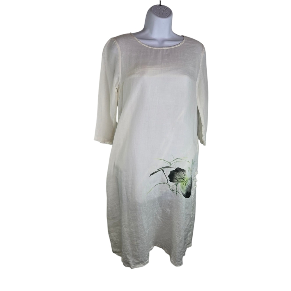 Vtg White Floral Long Sleeve Oriental Lagenlook Artsy Dress